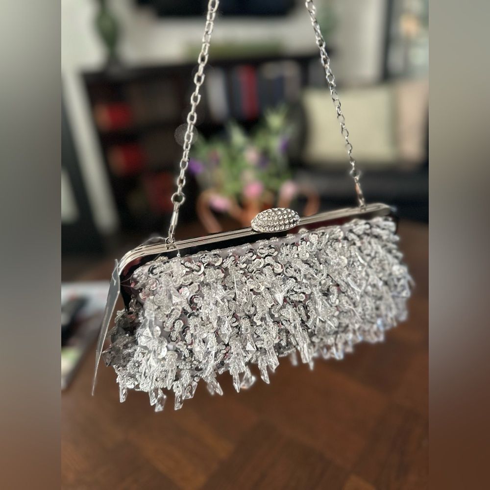 Silver Sequin Fringe Evening Clutch with Chain Strap